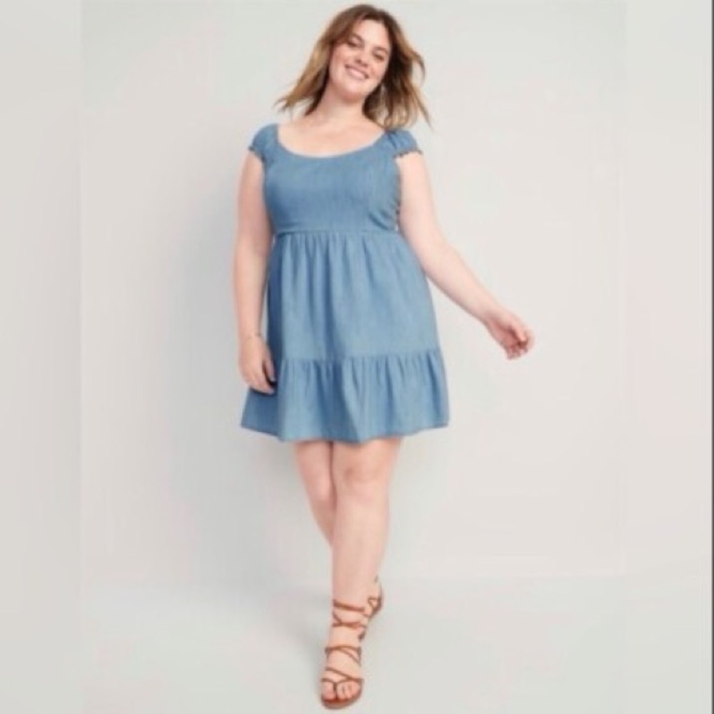 Old Navy Fit & Flare Puff-Sleeve Smocked Jean Mini Dress - Picture 3 of 6